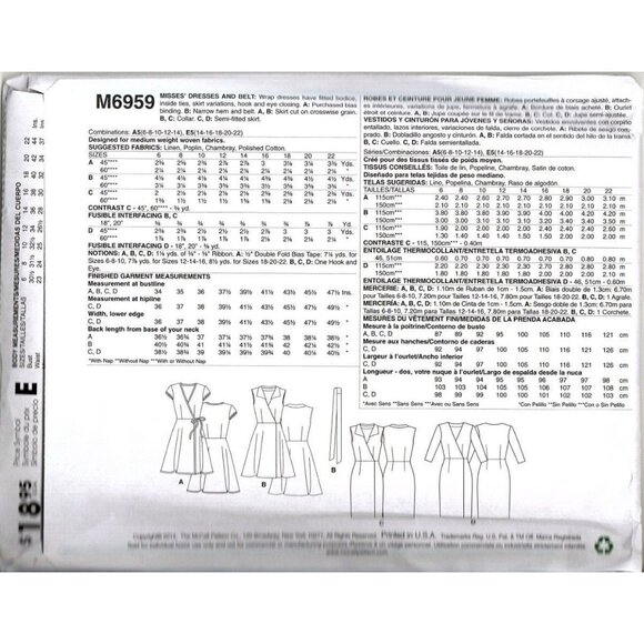 McCall's M6959 Misses 14 to 22 Wrap Dresses and Belt Uncut Sewing Pattern New - Picture 2 of 2